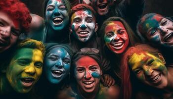 grupo de sonriente aficionados aplausos en emoción generado por ai foto