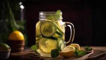 Homemade lemonade, healthy drink with mint leaf generated by AI photo