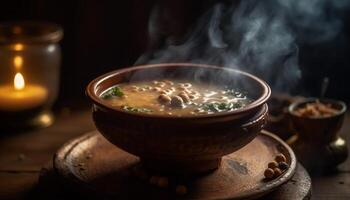 Homemade pork stew, cooked over burning wood generated by AI photo