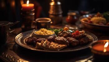 Grilled beef steak on rustic wooden plate generated by AI photo