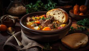 Braised beef stew in rustic crockery bowl generated by AI photo