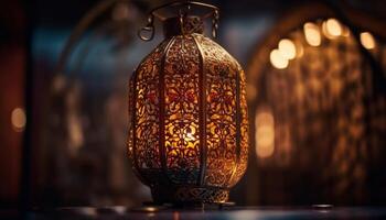 Antique arabic lantern glows, adorning home interior generated by AI photo