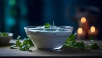 Fresco orgánico yogur, vegetal ensalada con menta hoja generado por ai foto