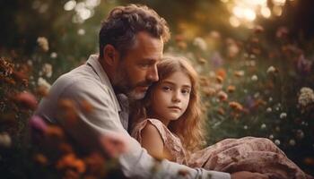padre abraza hija, ambos sonriente en naturaleza generado por ai foto