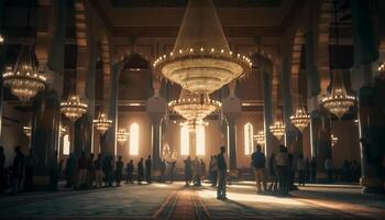 caminando dentro un famoso iluminado mezquita a noche generado por ai foto