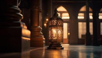 iluminado linternas reflejar histórico religioso arquitectura a noche generado por ai foto