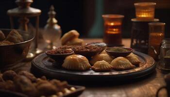 Spicy dim sum on rustic wood table generated by AI photo