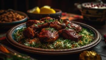 Grilled meat on plate with fresh vegetables generated by AI photo