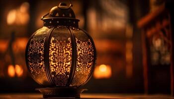 Antique lantern illuminates ornate Arabic decoration outdoors generated by AI photo