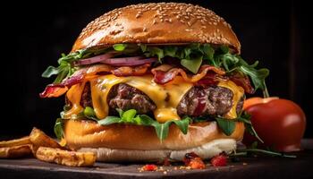 Grilled gourmet cheeseburger with tomato and onion generated by AI photo