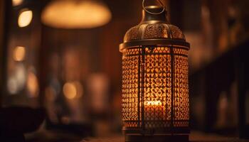 Rustic lantern glows with old fashioned elegance outdoors generated by AI photo