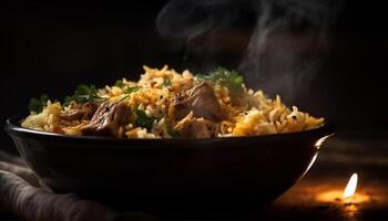 Steaming bowl of aromatic basmati rice risotto generated by AI photo
