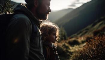 Father and son embrace nature while hiking generated by AI photo