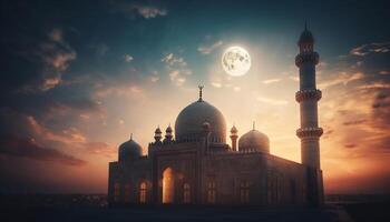 Religion illuminated by majestic sunset at famous mosque generated by AI photo