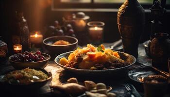 Rustic table, candlelight, indulgent gourmet autumn feast generated by AI photo