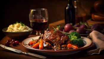 Freshly grilled steak and rustic vegetables plate generated by AI photo