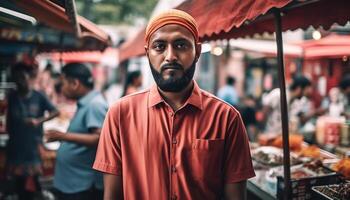 sonriente hombre con barba disfrutando ciudad vida generado por ai foto