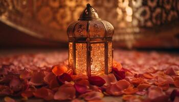 Illuminated antique lantern emits glowing candlelight ambiance generated by AI photo