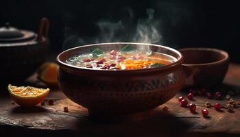 Rustic stew simmers in clay cooking pan generated by AI photo