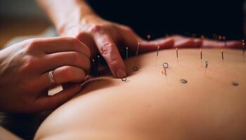 Caucasian and Asian women receive acupuncture treatments indoors generated by AI photo