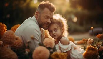 padre y hijo abrazo felicidad en naturaleza generado por ai foto