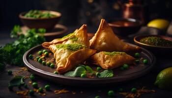 Homemade Samosas Freshly Cooked Gourmet Vegetarian Appetizer generated by AI photo