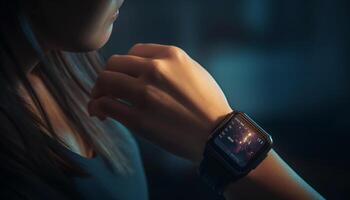 Young woman wearing smartwatch watching blue technology generated by AI photo