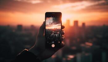 hombres participación inteligente Los telefonos fotografiando ciudad horizonte generado por ai foto