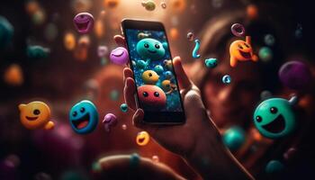 Cute cartoon animals play on glowing smart phone generated by AI photo