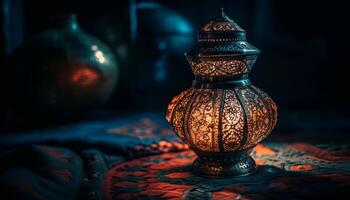 Ornate antique lantern illuminates rustic Arabian night generated by AI photo