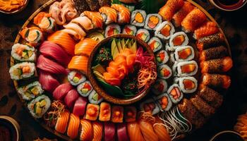 Fresh sushi platter seafood, rice, and veggies generated by AI photo