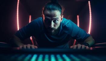 Nightclub programmer at desk, illuminated by technology generated by AI photo