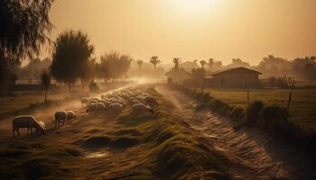 Flock of sheep grazing in tranquil meadow generated by AI photo