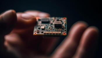 Human hand holds soldered computer chip, repairing motherboard generated by AI photo