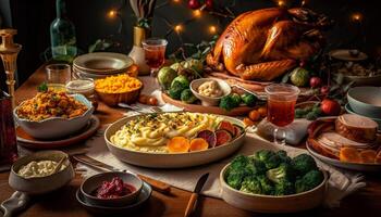 un rústico otoño cena fiesta Fresco Turquía asado generado por ai foto