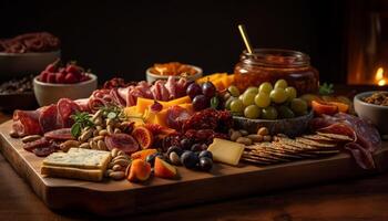 Gourmet appetizer plate with prosciutto and salami generated by AI photo