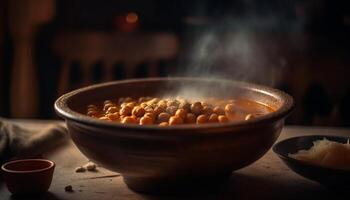 Healthy vegetarian soup cooked in rustic pan generated by AI photo