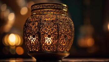 Ornate antique lantern illuminates dark, cozy interior space generated by AI photo