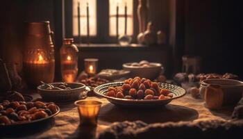 Fresh organic snack on rustic wooden table generated by AI photo