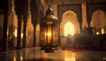 Spiritual lanterns illuminate ancient architecture in Ramadan night generated by AI photo