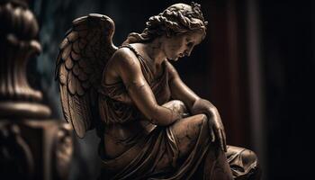 Praying men sit by old tombstone in grief generated by AI photo