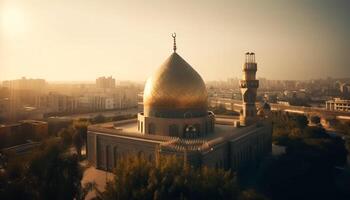 Golden minaret illuminates famous mosque at dusk generated by AI photo