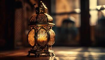 Ornate lantern illuminates old Arabic style decoration generated by AI photo