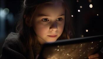 One cute girl smiling, playing with tablet generated by AI photo