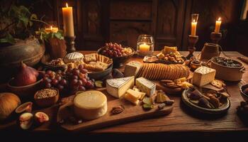 Rustic still life of gourmet cheese and wine generated by AI photo