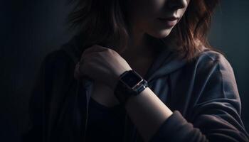 Young woman holding watch, confidently looking ahead generated by AI photo