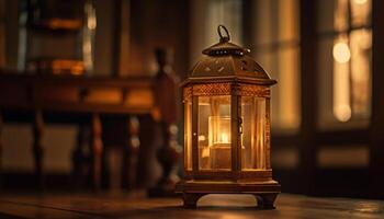 Glowing lantern, antique design, warming winter homes generated by AI photo