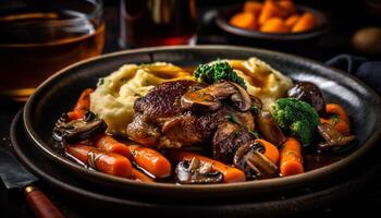 Grilled steak and vegetables on rustic plate generated by AI photo