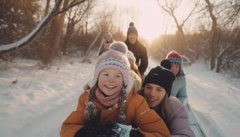 caucásico familia sonrisas y obras de teatro en nieve generado por ai foto