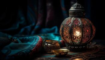 Antique lantern illuminates traditional Arabic home decoration generated by AI photo